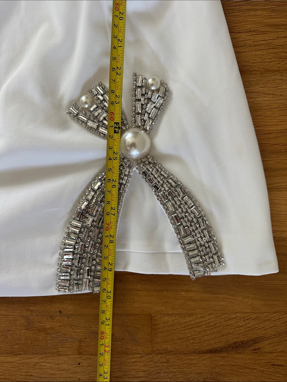 Amazing Lace | Elegant White Cowl Neck Mini Dress with Pearl & Crystal Accents - Picture 12 of 15